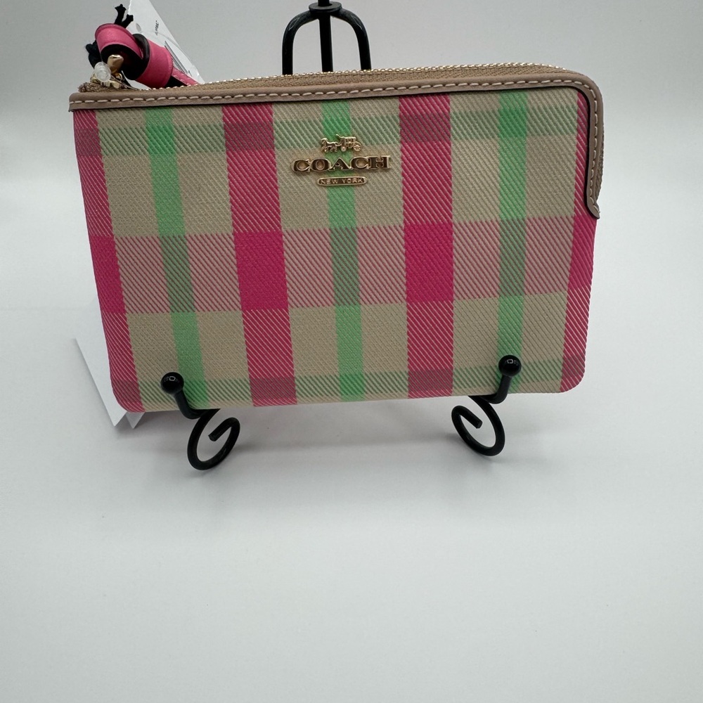 Coach Pink and Green Plaid Wristlet